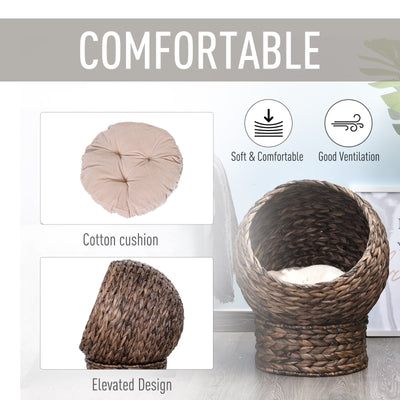 Handmade Wicker Elevated Cat Bed With Cushion Dark Brown For Kittens